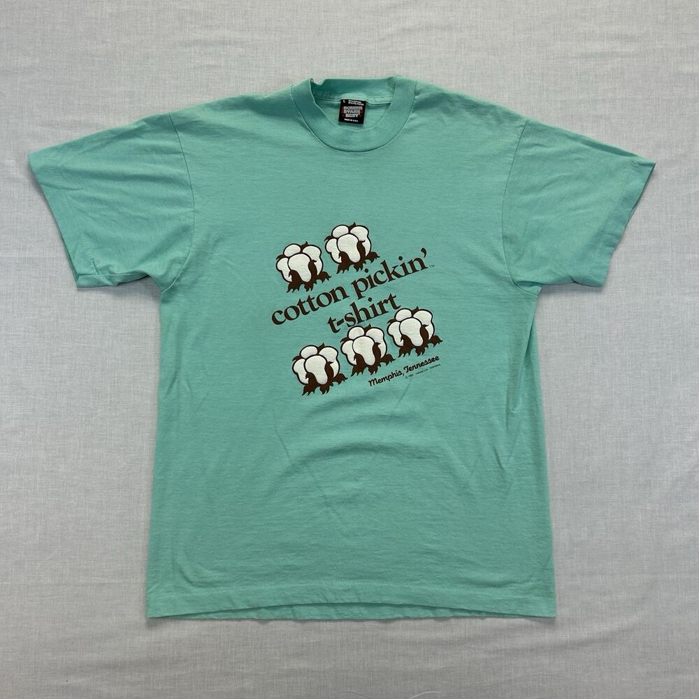 Vintage 80's Cotton Pickin’ T-Shirt Size Large Memphis Tennessee Made USA Teal